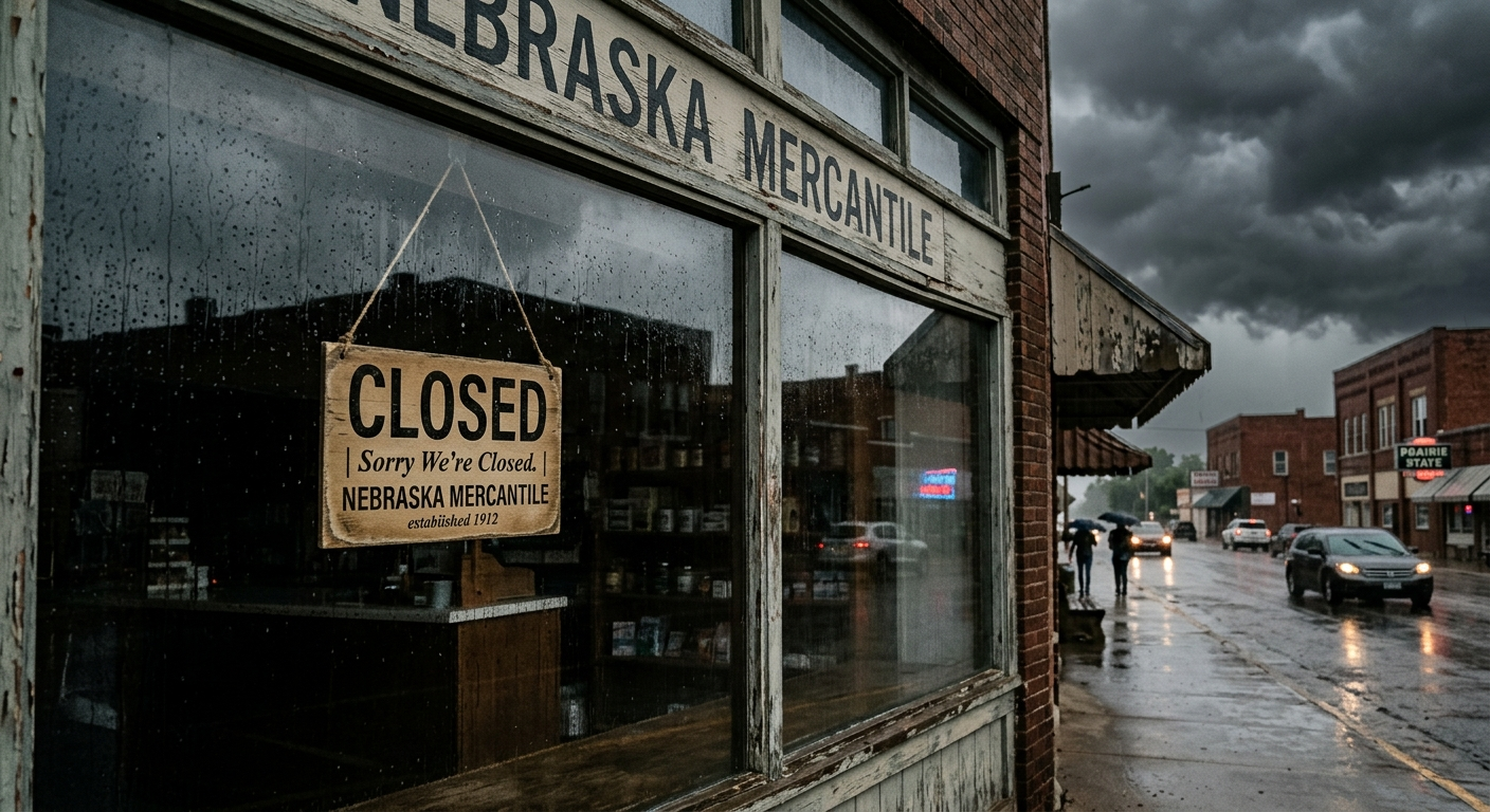 Empty Nebraska small business storefront with closed sign on door and storm clouds visible through the window