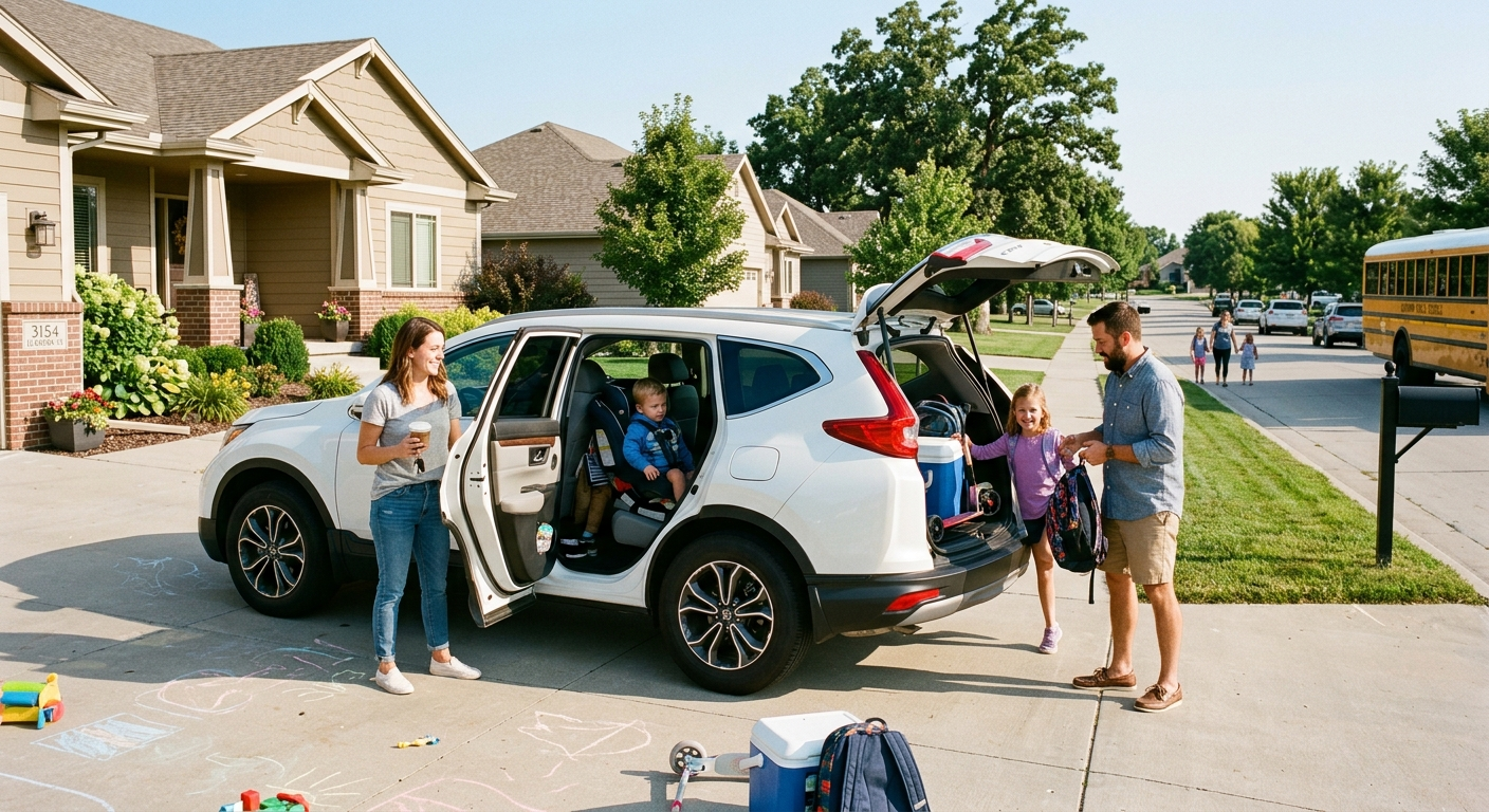 Nebraska suburban street lined with homes and parked cars on a clear spring morning in Elkhorn