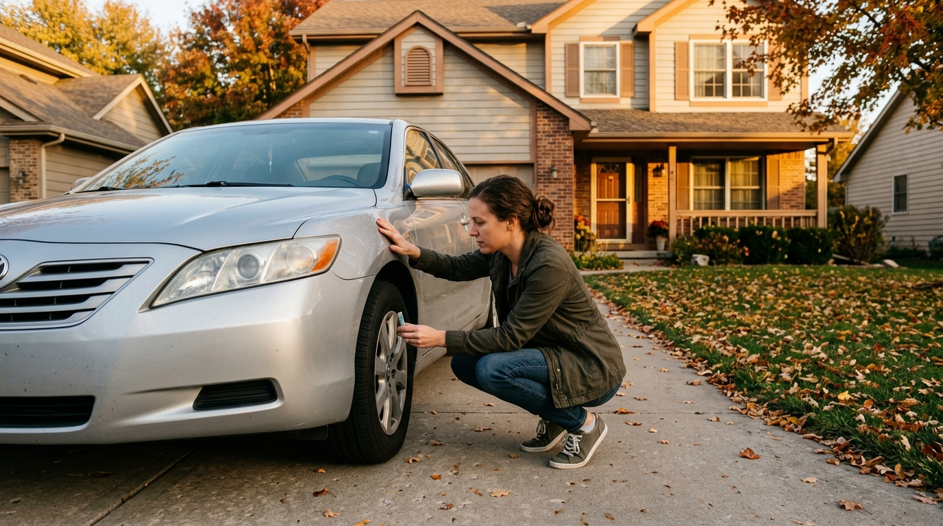 Silver sedan in a Fremont Nebraska driveway with owner checking the front tire at golden hour