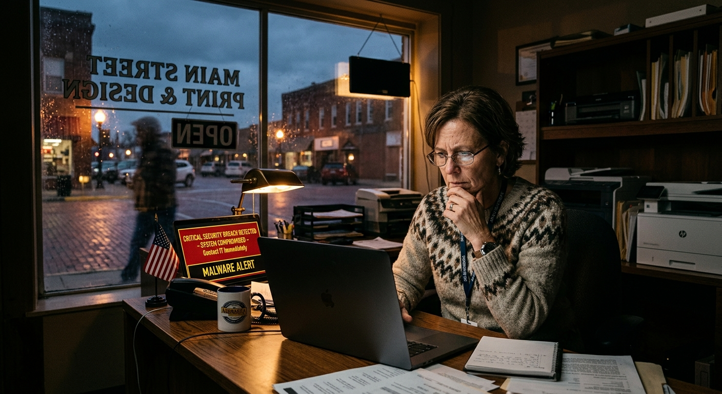 Small business owner reviewing data on a laptop at a desk in a Nebraska office, with filing cabinets and a window in the