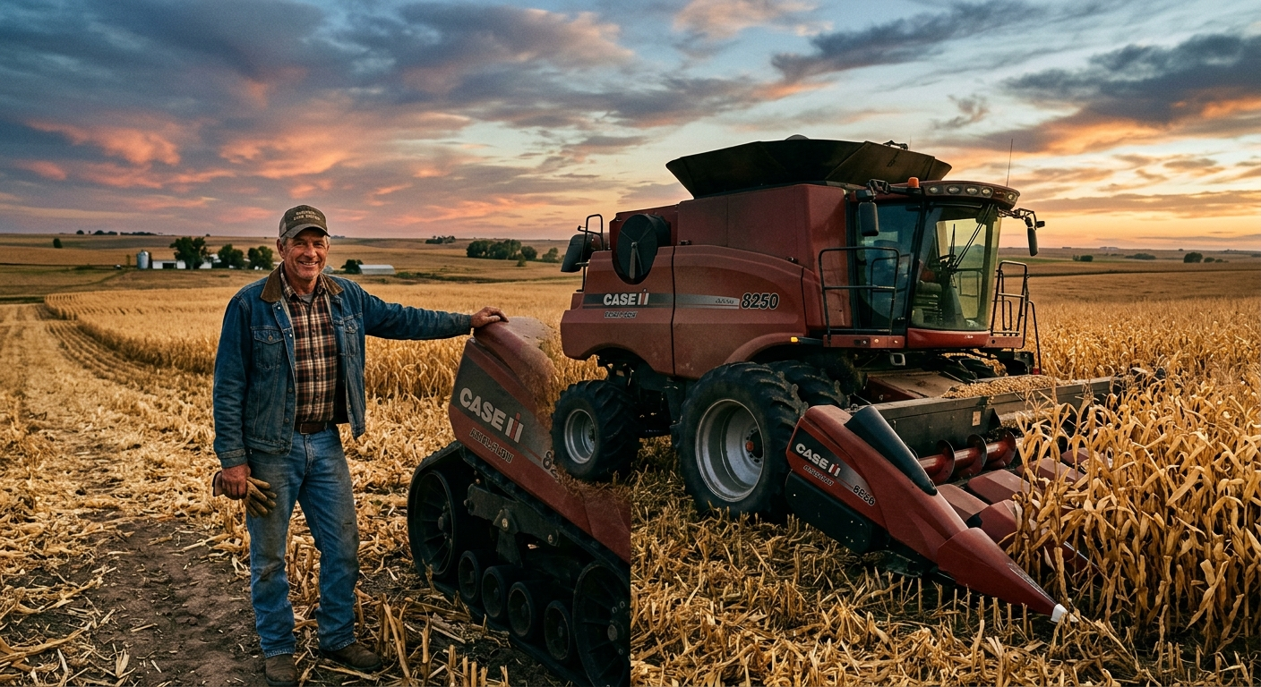 Nebraska farm with grain bins, a red barn, and a combine harvester in a cornfield on a partly cloudy day