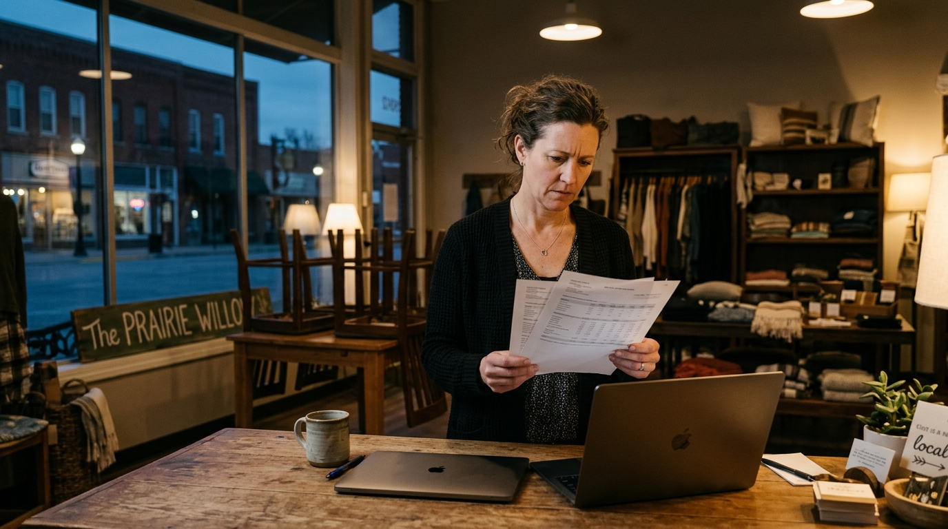 Small business owner reviewing a printed report behind the counter of her boutique storefront after hours