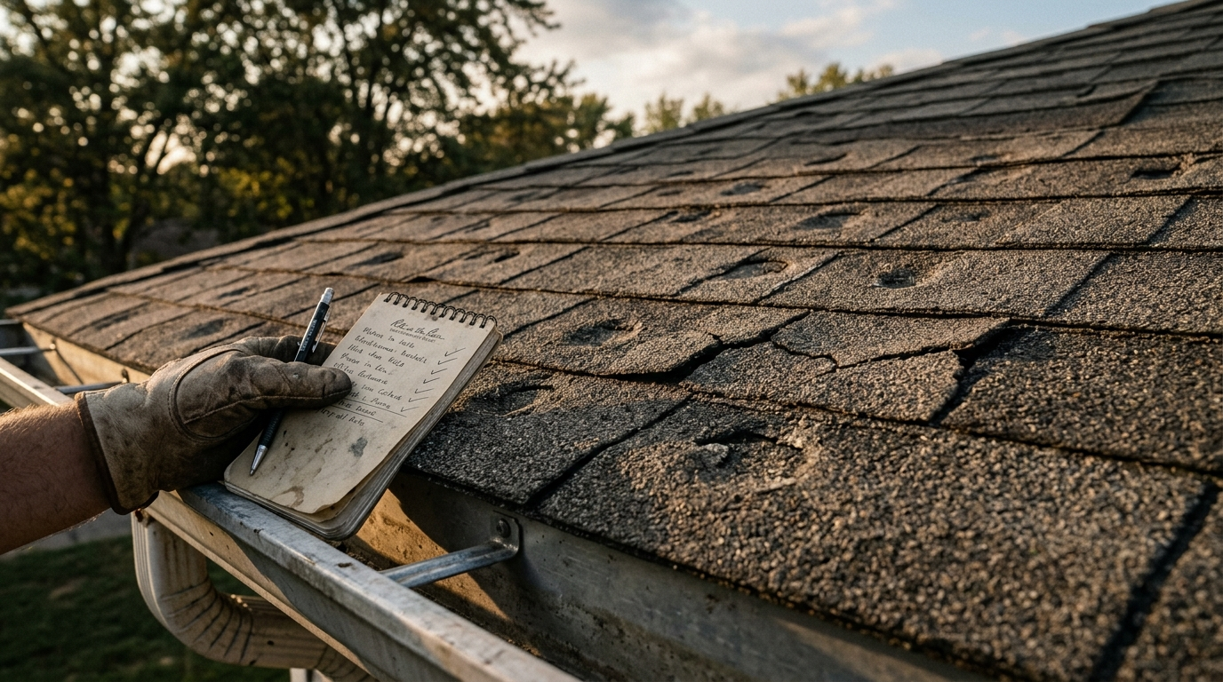 Close-up of asphalt shingle roof with hail dents and a roofer's gloved hand resting on the gutter edge