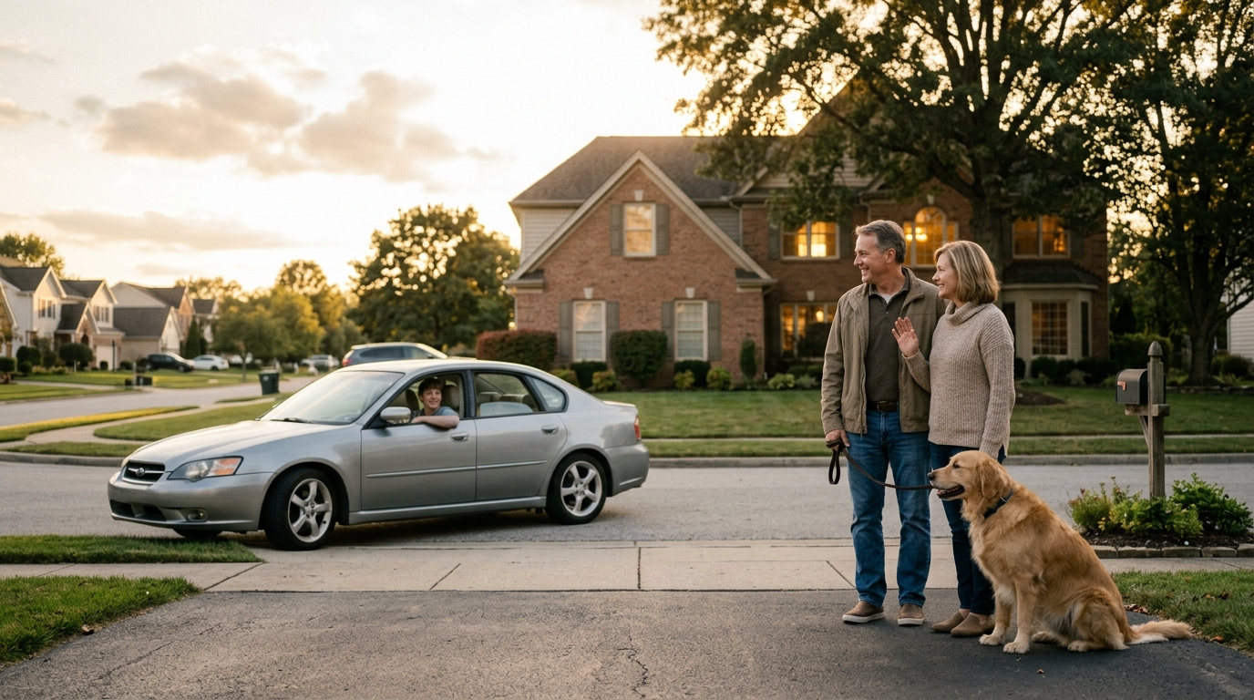Couple at the end of a suburban driveway watching a teenage driver pull out with a golden retriever beside them