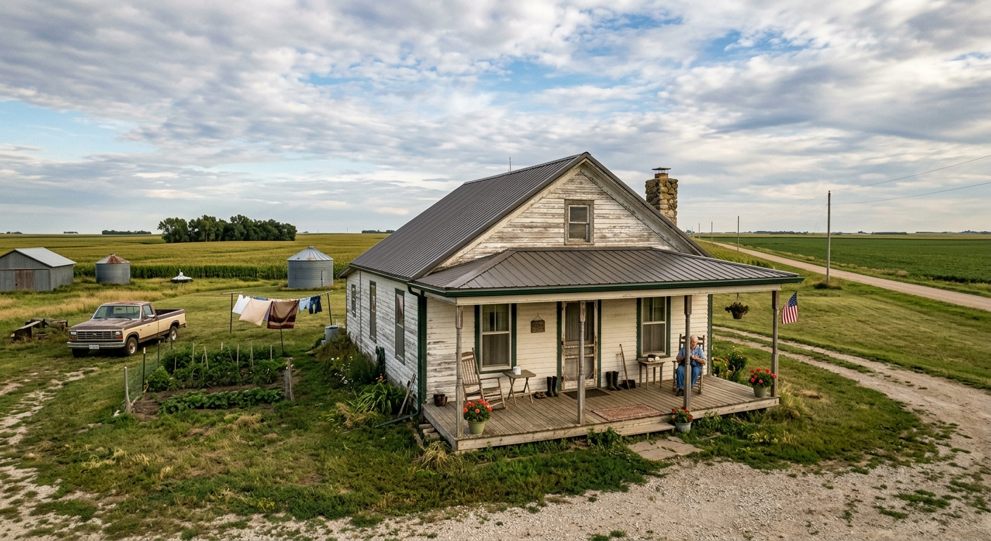 A white farmhouse on a rural Nebraska property on a clear spring day with open fields and a detached garage in the background