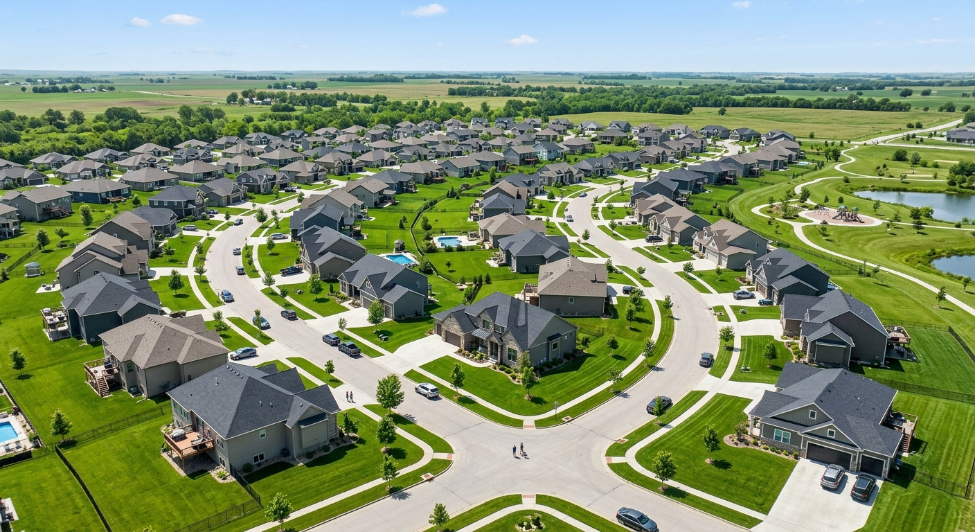 Suburban neighborhood in Gretna Nebraska with single-family homes under partly cloudy skies on a spring afternoon