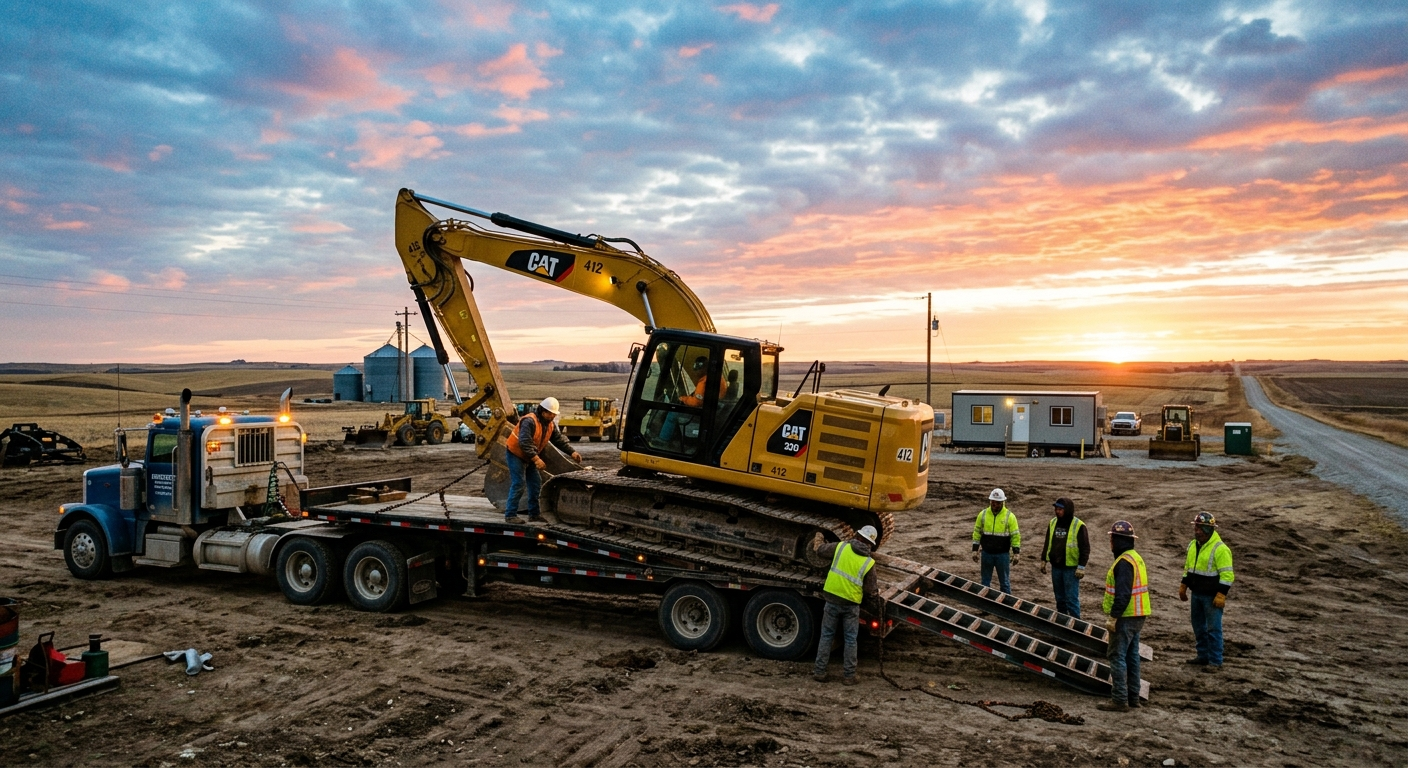 Construction worker loading power tools and equipment into a truck at a Nebraska job site on a clear day