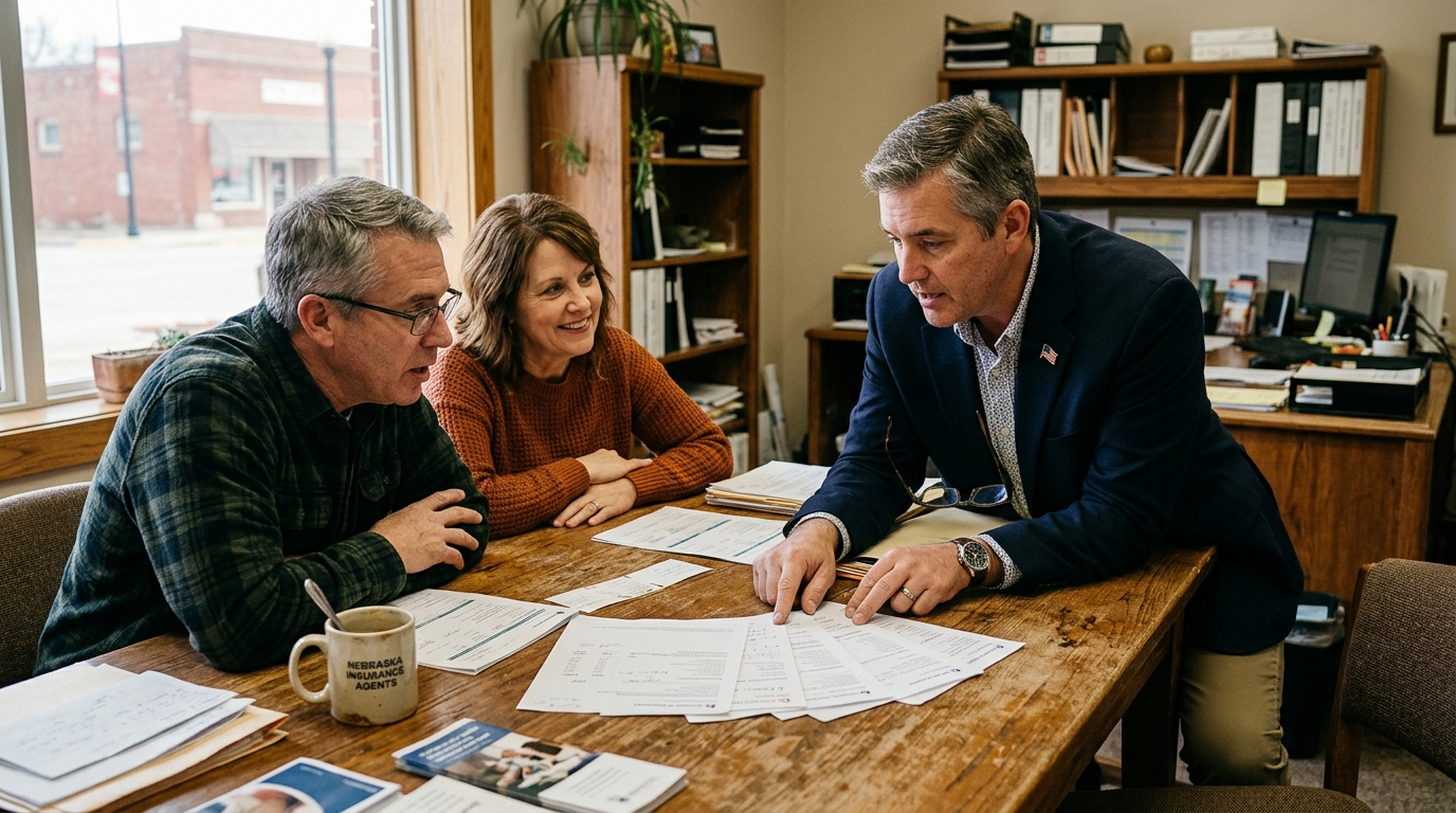 Independent insurance agent reviewing several quote sheets across a wooden conference table with a client couple