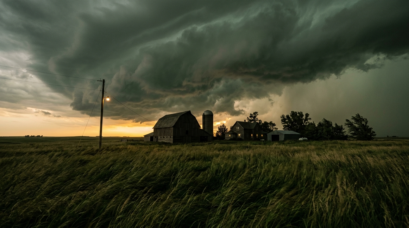 Dark green tornado warning clouds rolling over an eastern Nebraska farmstead at dusk with prairie grass in foreground