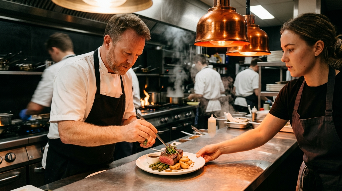 Chef in white plating a steak dish at a busy restaurant kitchen pass under warm heat lamps during dinner service