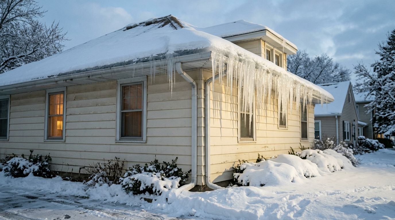 Large icicles hanging from a snow-covered residential roofline with ice dam buildup along the gutter edge
