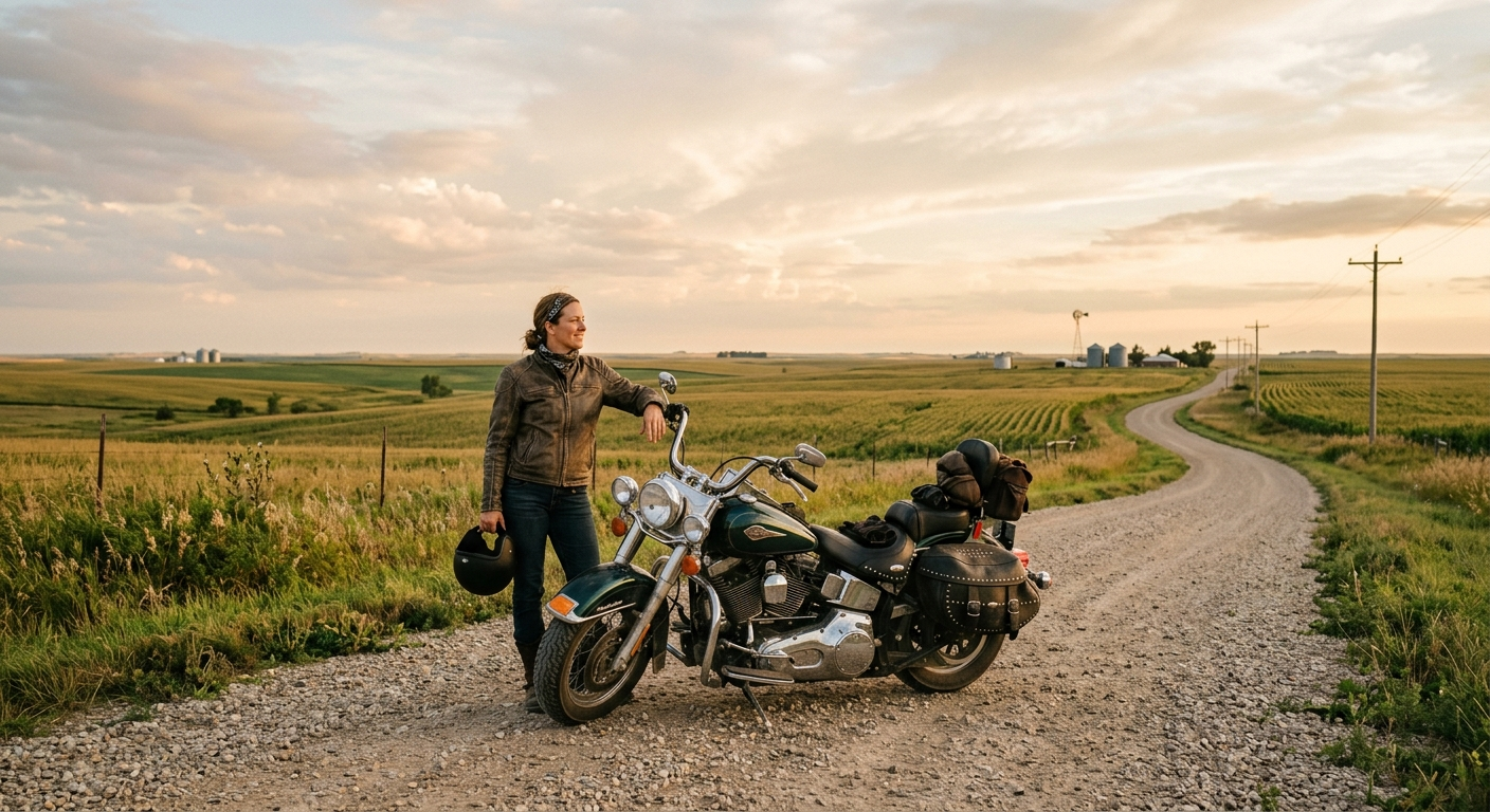 Motorcyclist riding on a rural Nebraska highway under a wide blue sky with green fields on either side