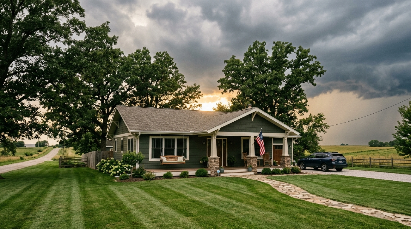 Craftsman style home with covered porch in eastern Nebraska with summer storm clouds gathering behind