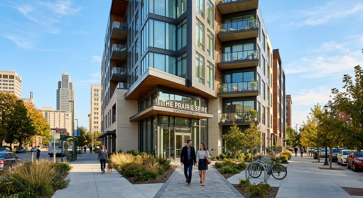 Modern condo building exterior in a Nebraska community on a partly cloudy day