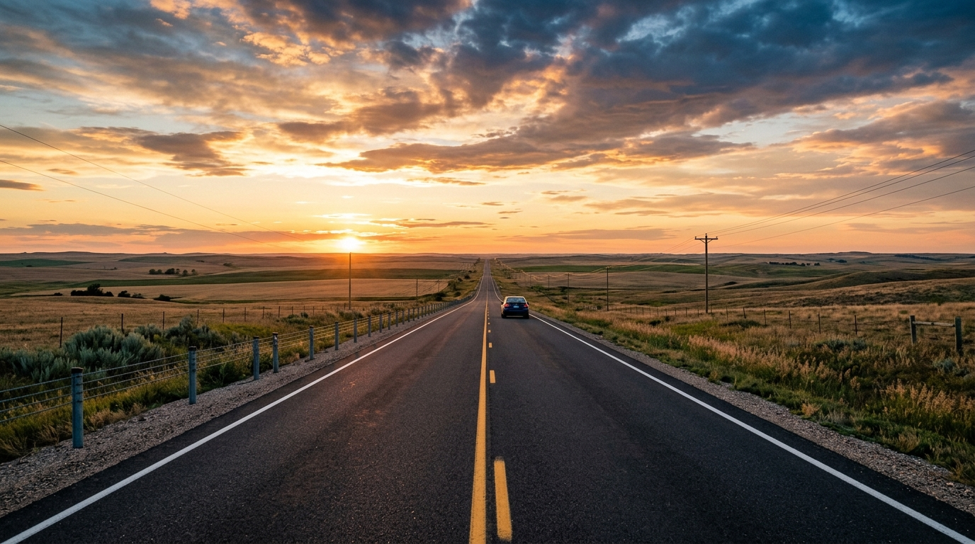 Nebraska highway at dusk with cars driving past farmland, representing auto insurance requirements for state drivers