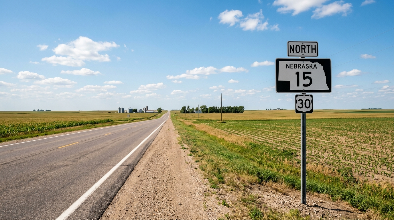 A car parked on a Nebraska highway roadside with an insurance document visible on the dashboard on a clear day