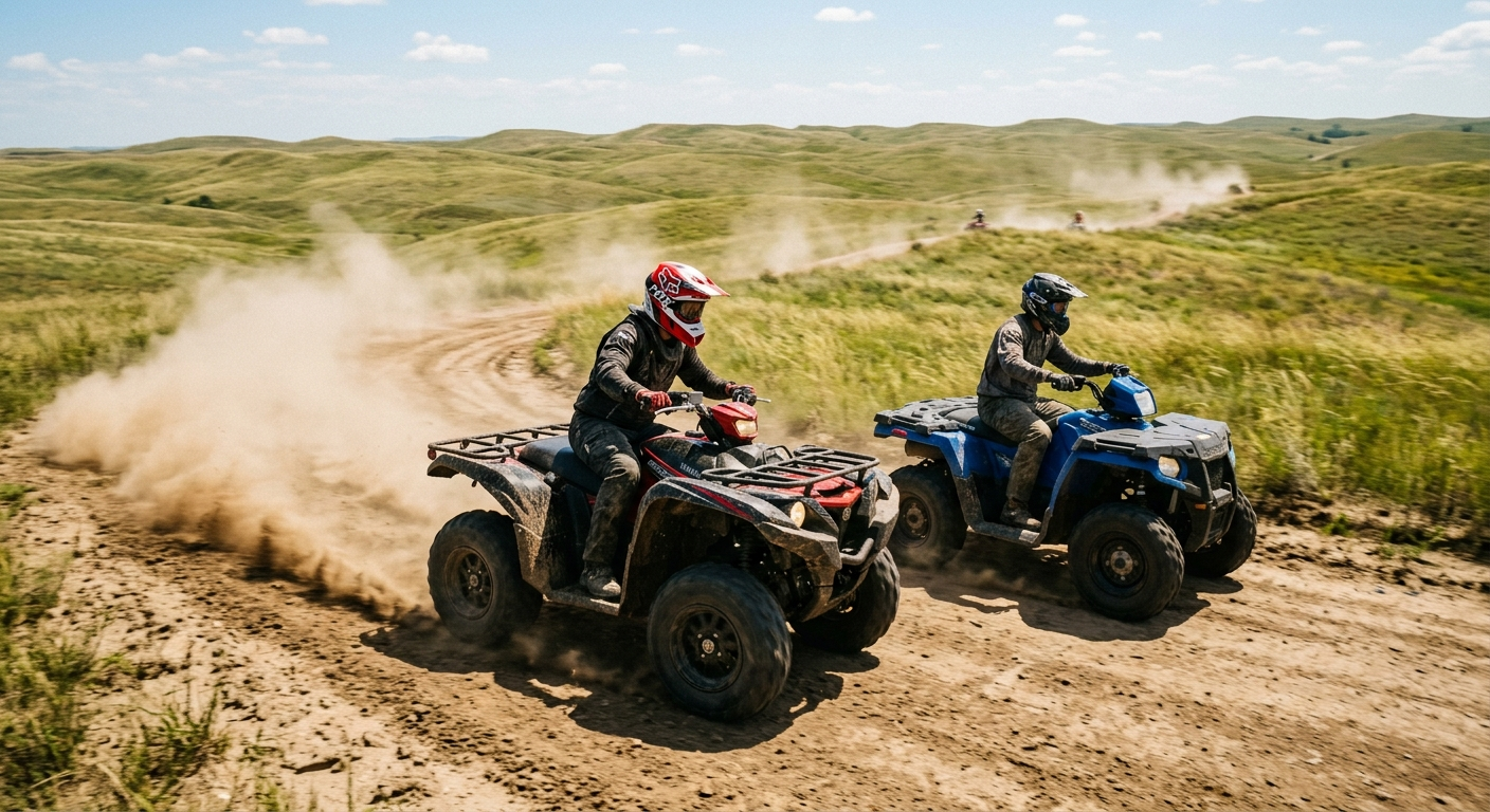 Two riders on ATVs crossing a grassy Nebraska trail on a sunny afternoon with trees in the background