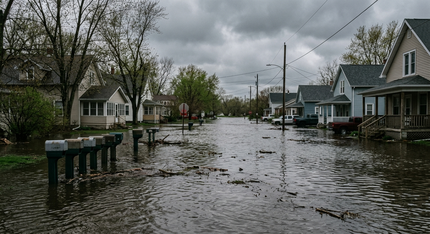 Aerial view of a Nebraska residential neighborhood with floodwater surrounding homes near a river after heavy spring rains