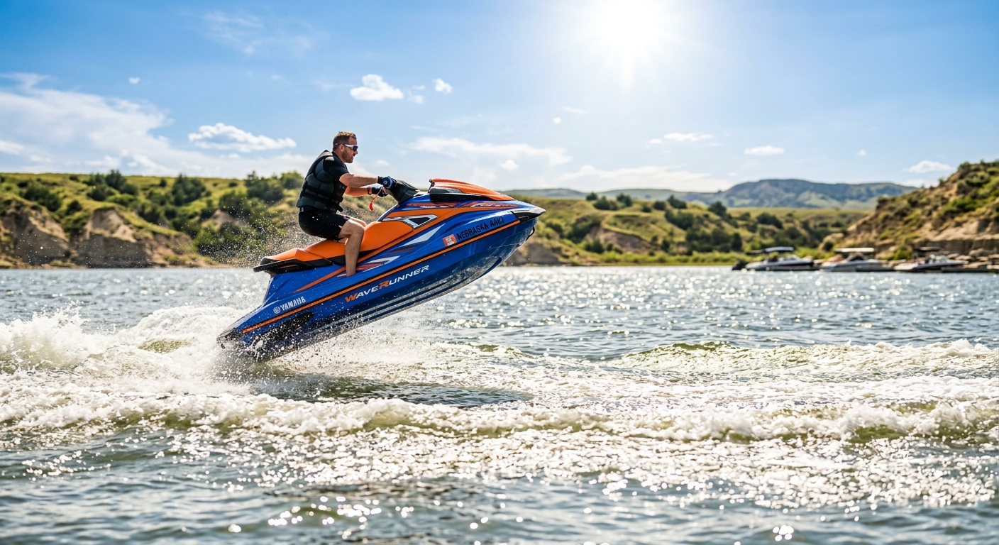 Two jet skis cutting through calm lake water on a sunny summer afternoon in Nebraska