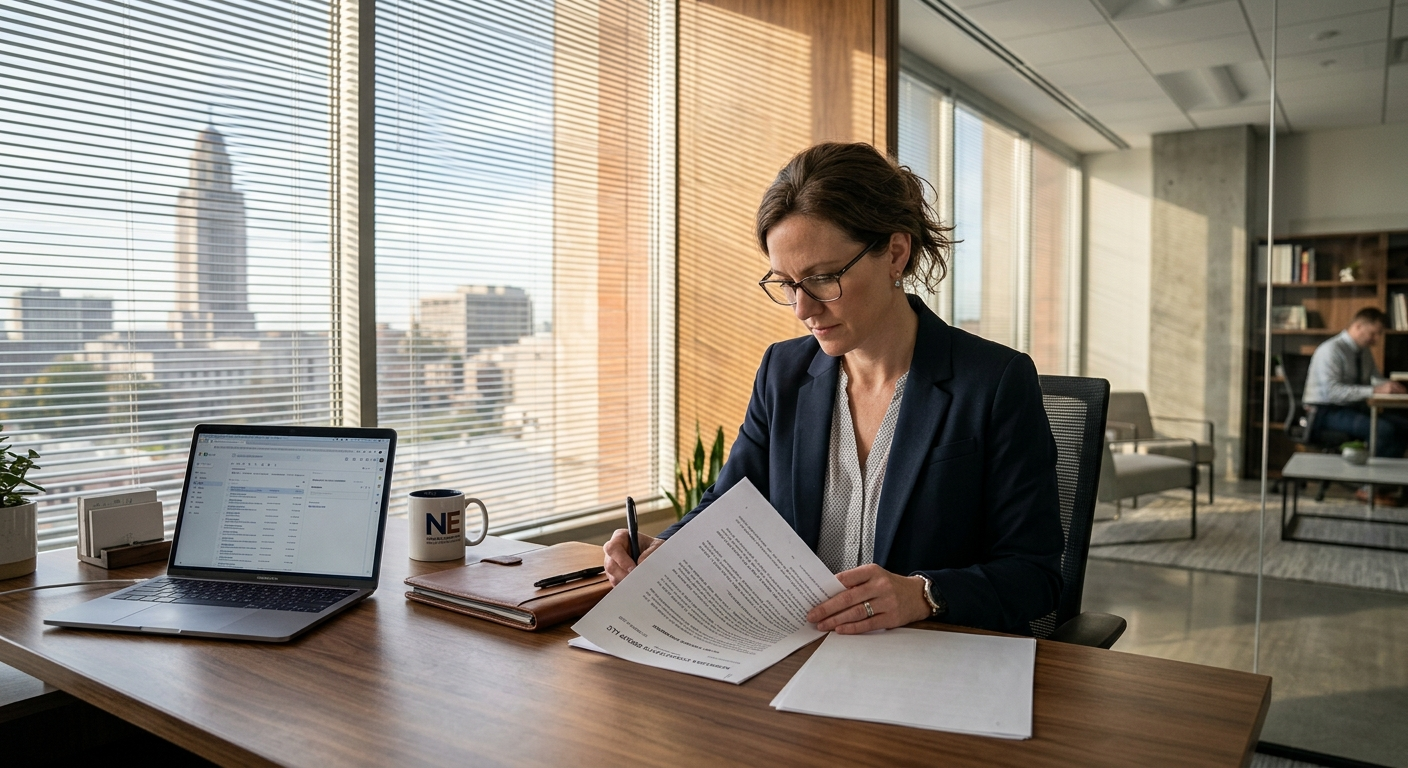 A Nebraska professional reviewing documents at a desk with a laptop, symbolizing E&O insurance protection for service-based
