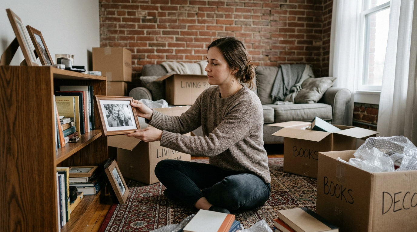 Young woman unpacking moving boxes in a small Columbus Nebraska apartment with morning window light