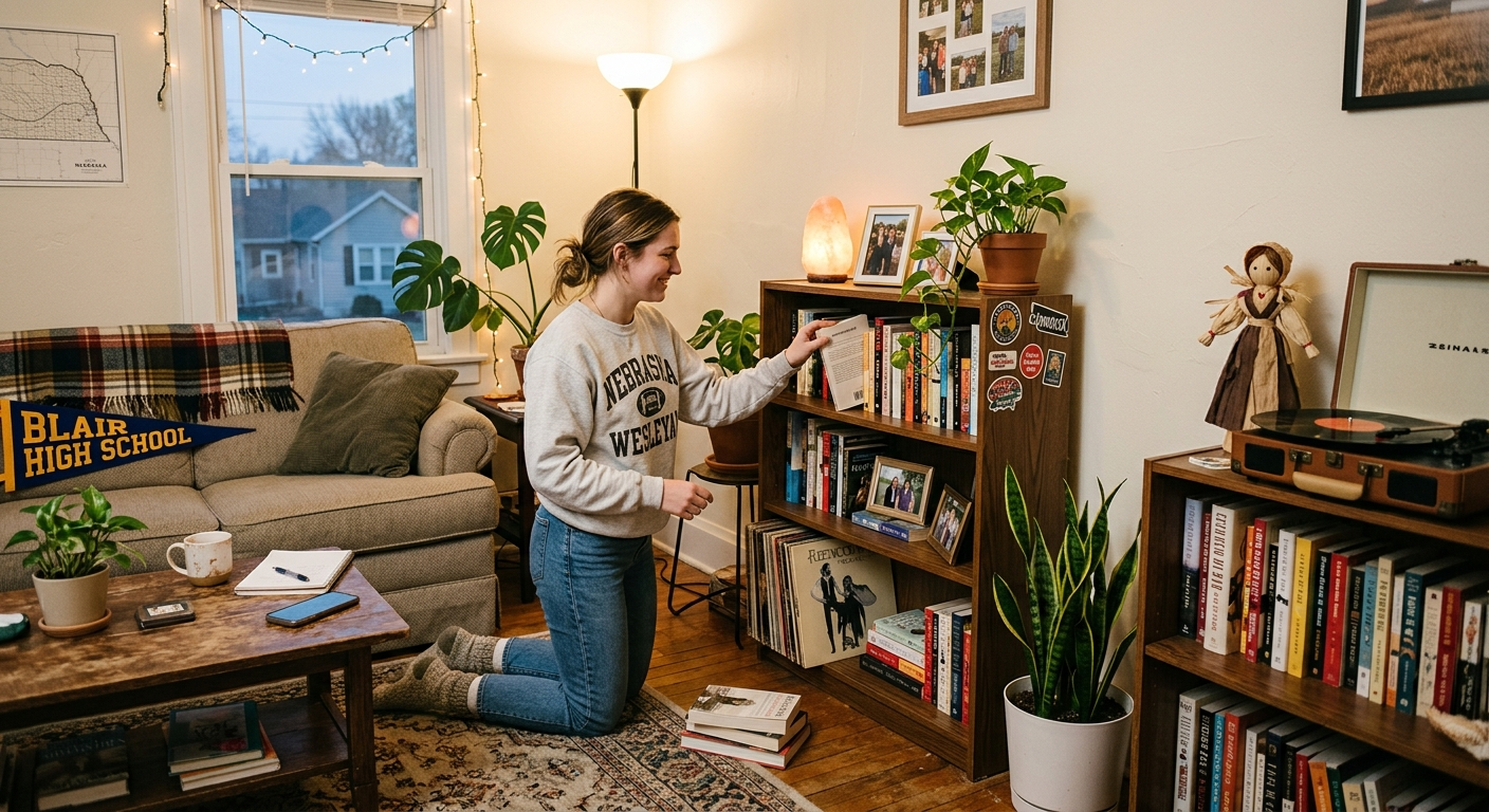Young woman sitting on a couch in a bright Blair, Nebraska apartment reviewing renters insurance documents on a laptop
