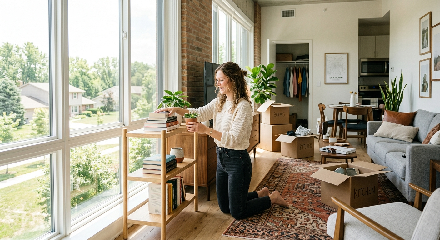 Young woman unpacking boxes in a bright Elkhorn Nebraska apartment living room with afternoon sunlight