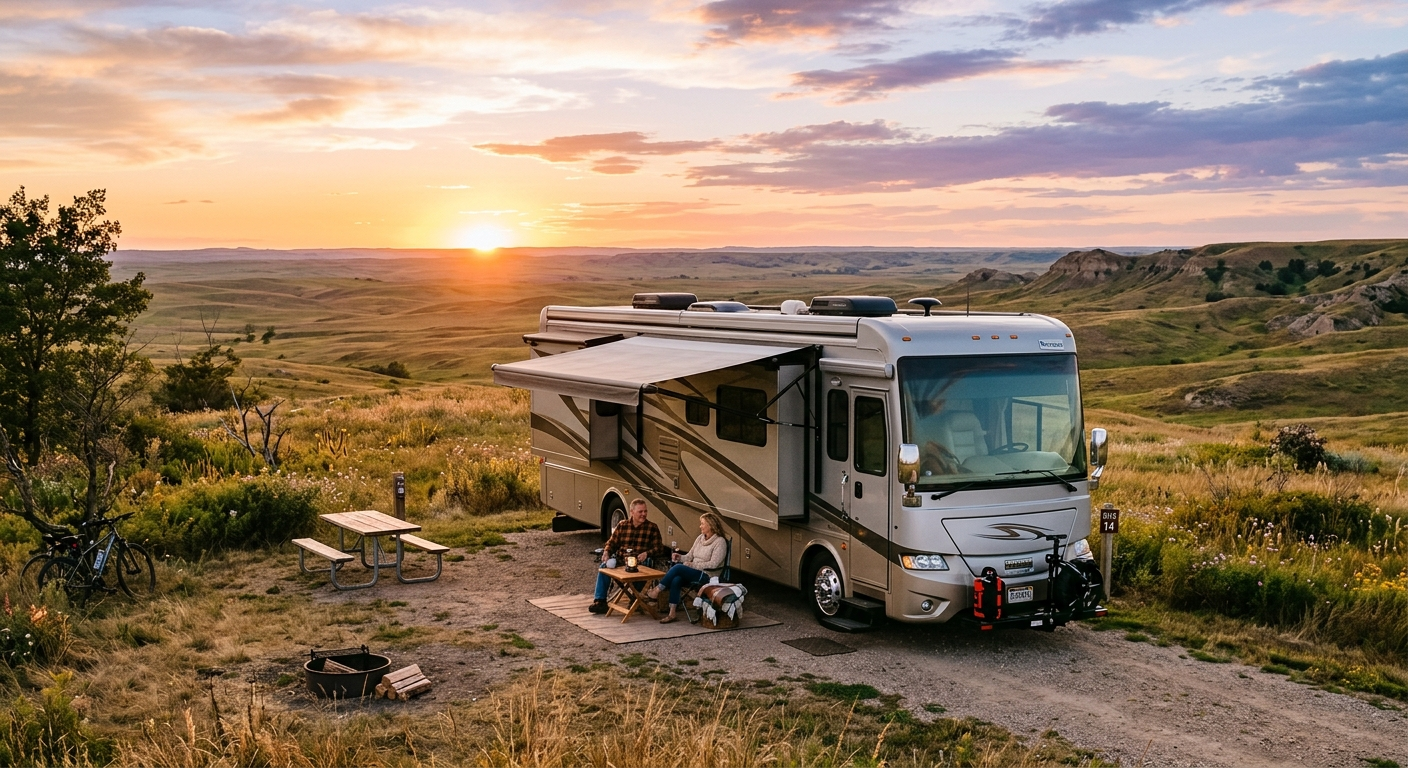 A Class A motorhome parked at a scenic Nebraska campground near a river, with trees and open sky in the background