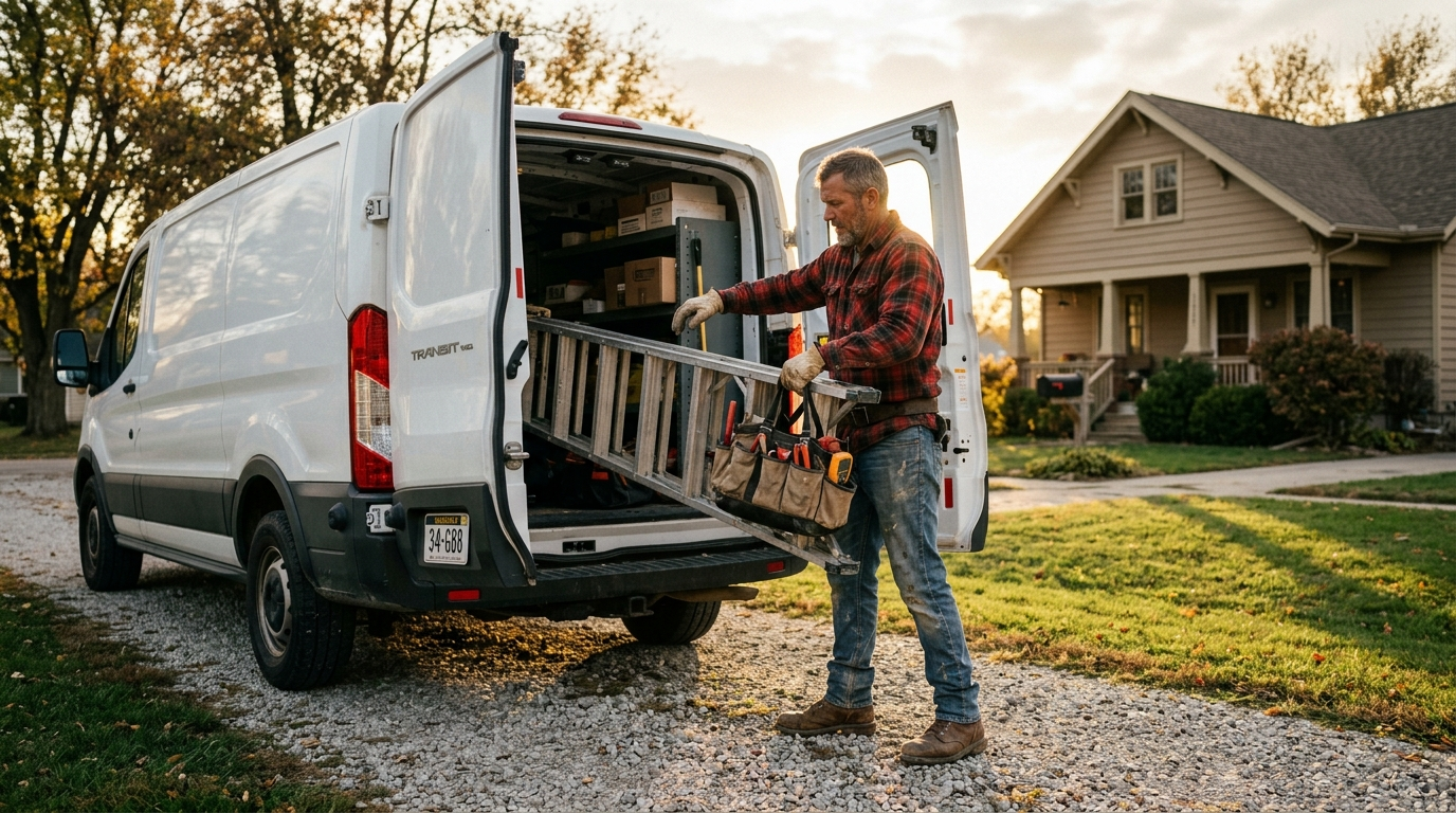 Electrical contractor loading a ladder and tool bags into a white work van at golden hour