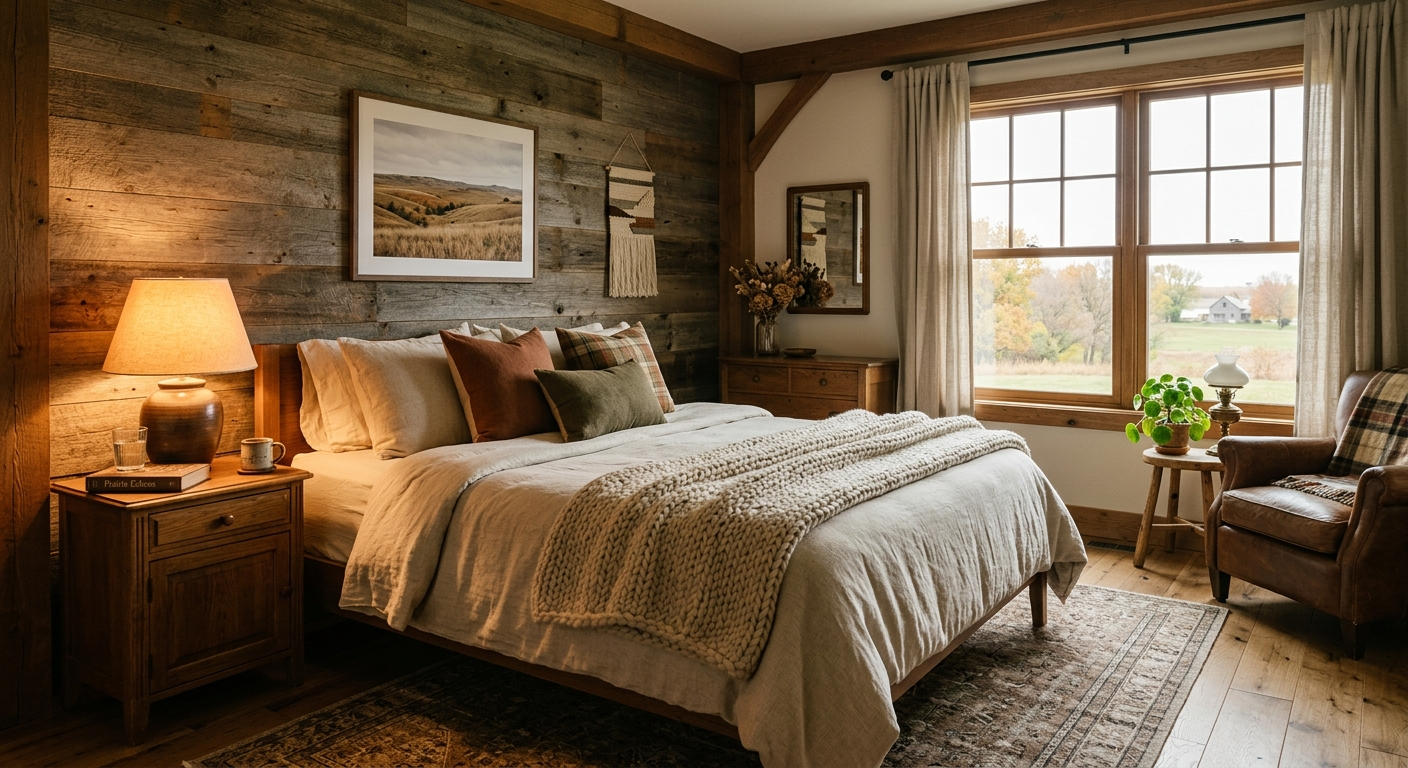 A cozy Nebraska farmhouse living room set up for short-term rental guests with warm lighting and tidy furnishings