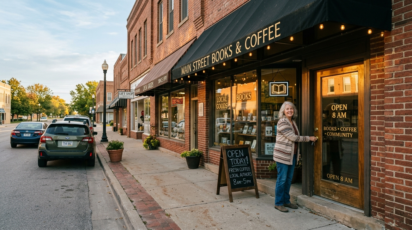 Owner unlocking a small brick storefront with a sandwich-board sign in a Nebraska downtown at opening hour
