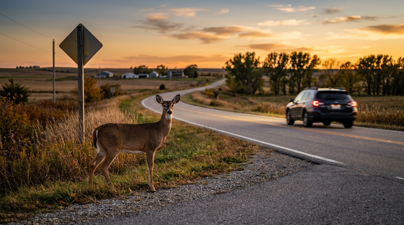 White-tailed deer standing at the edge of a rural Nebraska highway at dusk with a slowing sedan in the background