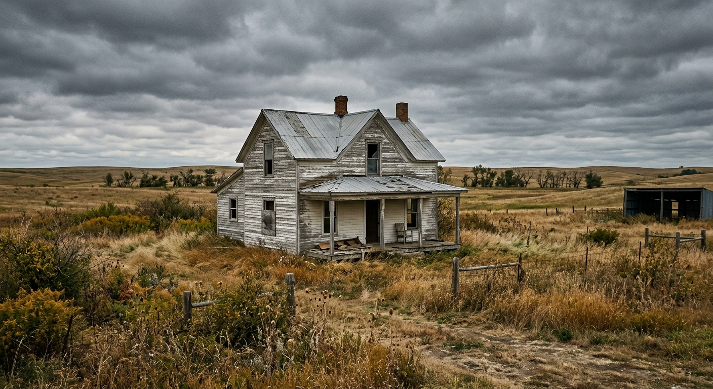 Empty two-story Nebraska farmhouse in winter with frost on the windows and no cars in the driveway