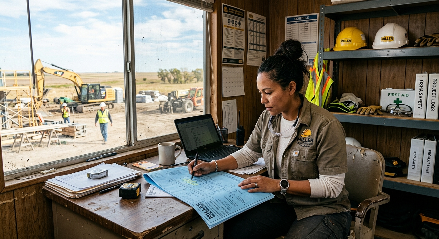 Nebraska business owner reviewing workers comp insurance paperwork at a desk in a small office