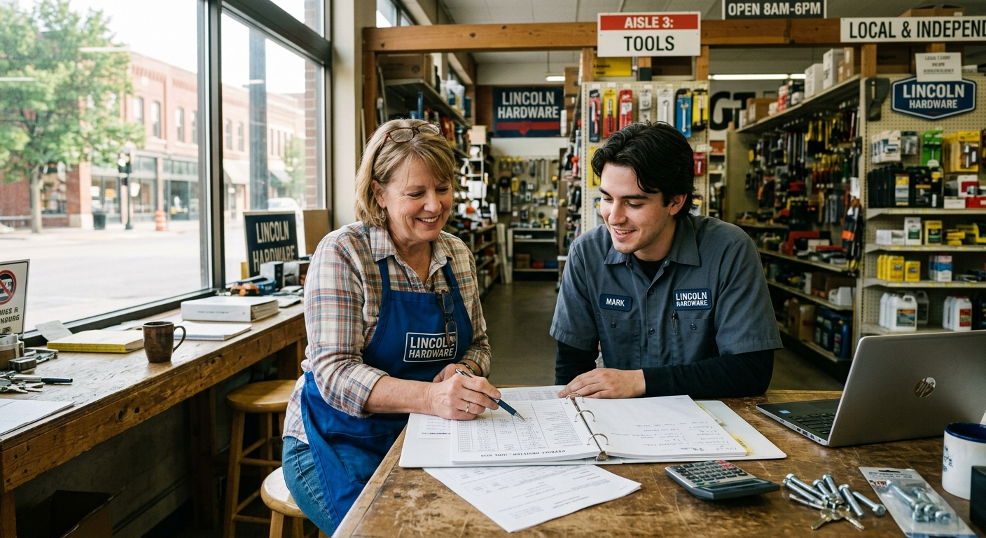 Small business owner reviewing workers compensation paperwork at a desk in a Nebraska office