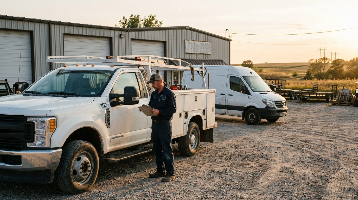 Commercial work truck and cargo van at a Nebraska contractor fleet yard at golden hour