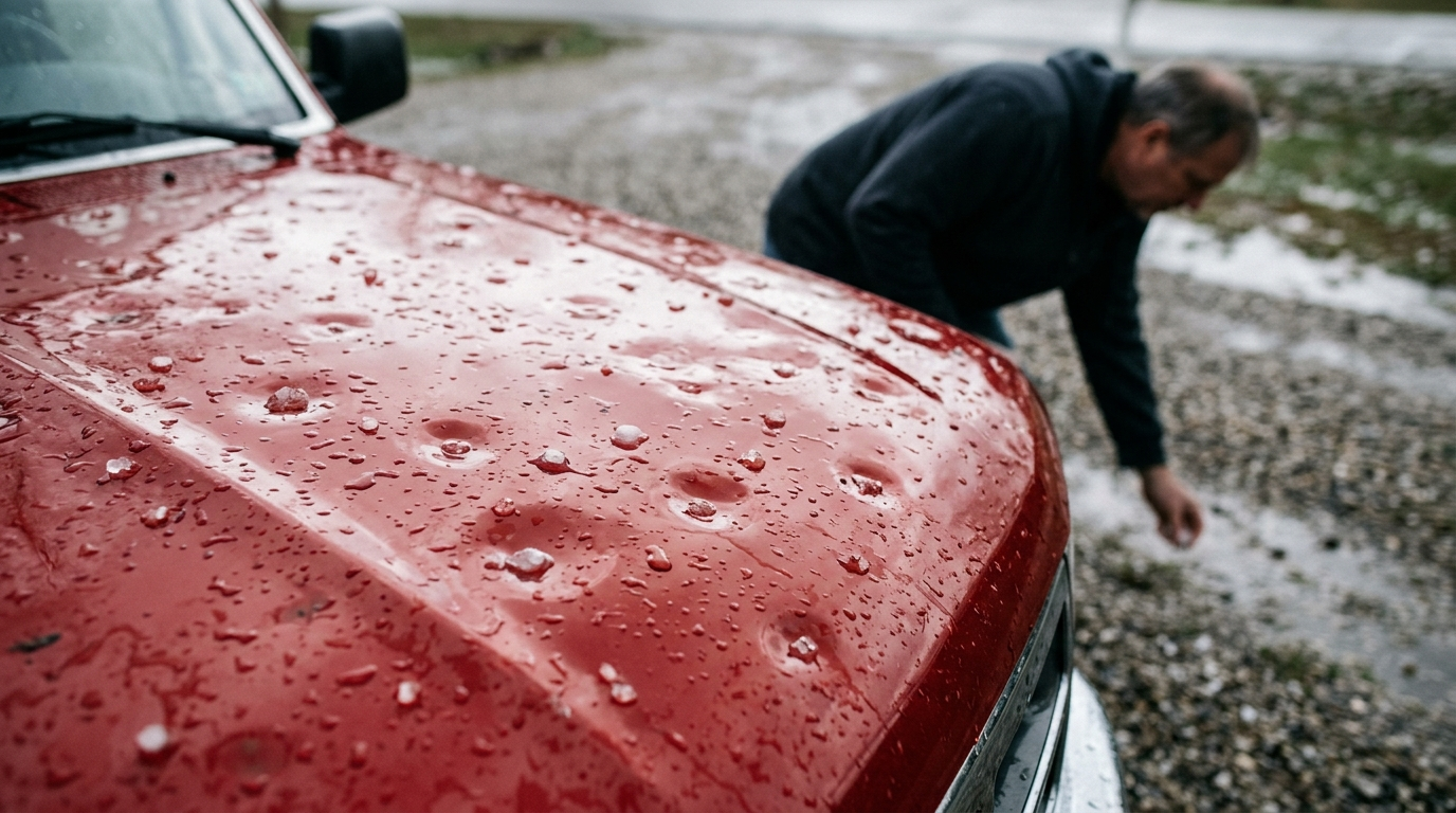 Close-up of a red pickup truck hood covered in golf ball sized hail dents after a Nebraska storm