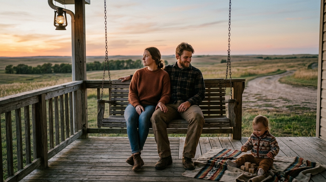 Young Nebraska couple on a back porch swing at dusk with their toddler playing nearby