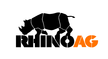 A black and orange logo for Rhino Ag with a rhino on it
