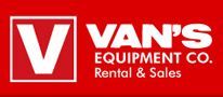 A red and white logo for Van 's Equipment Co. Rental and Sales.