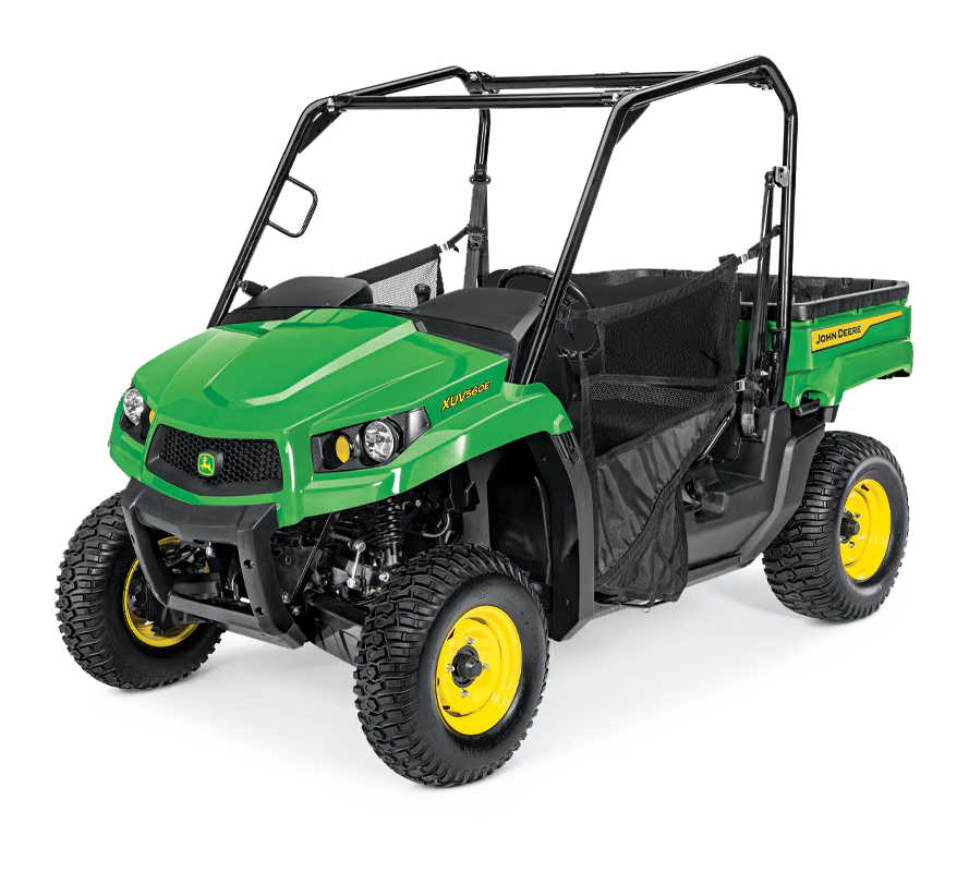 A green and yellow John Deere gator is sitting on a white background.