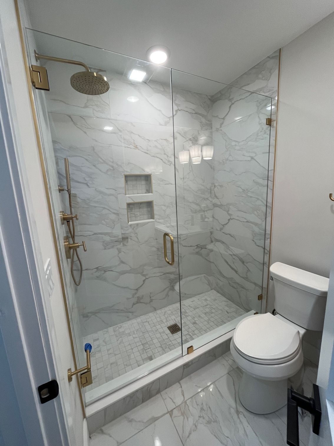 A bathroom with a toilet , shower , and glass door.