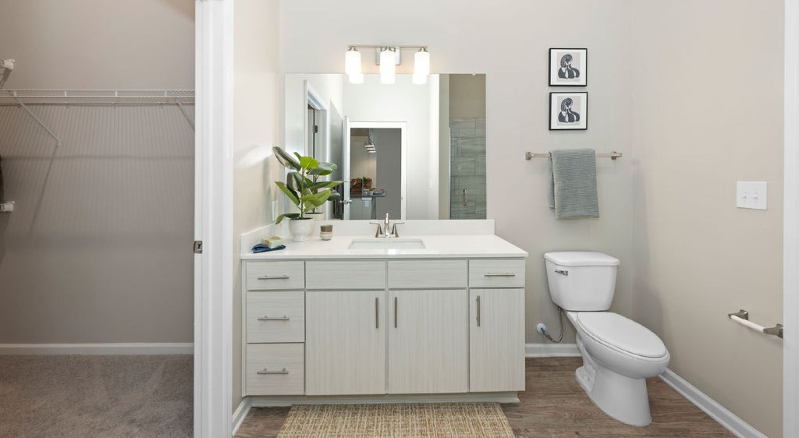 Bathroom with white vanity, sink, mirror, toilet, and an open walk-in closet.