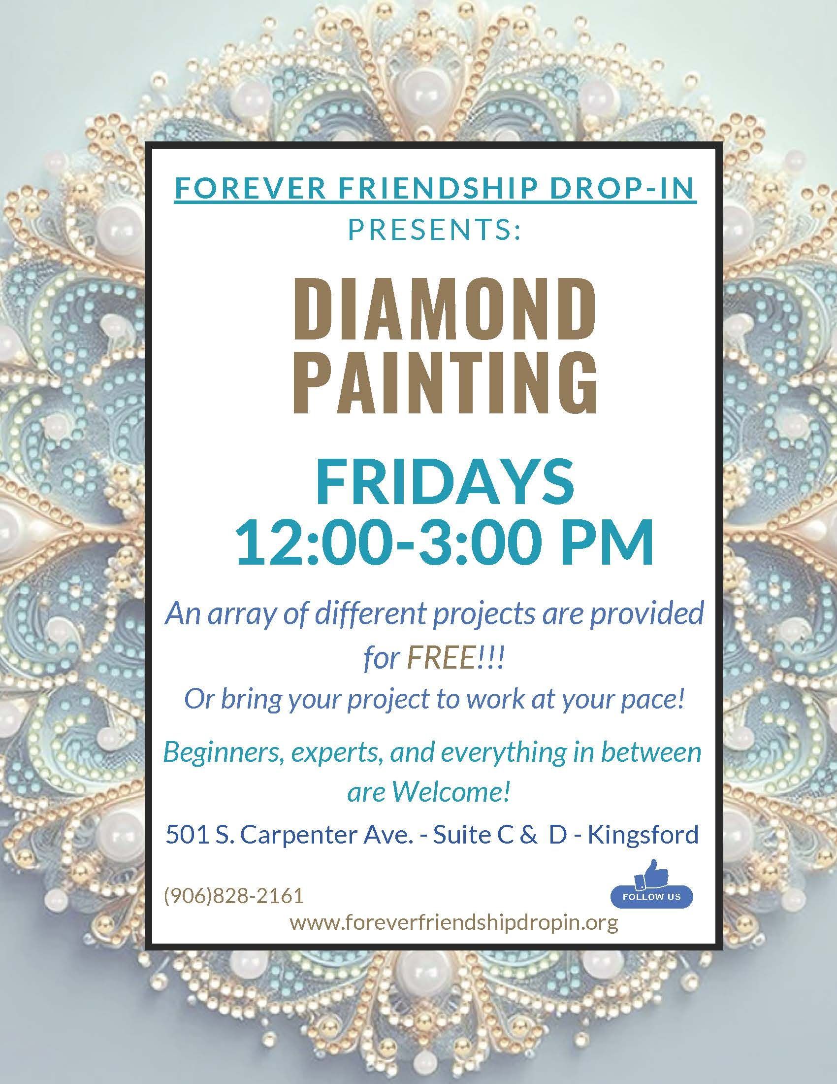 Poster for a diamond painting event: Fridays, 12-3 PM. 