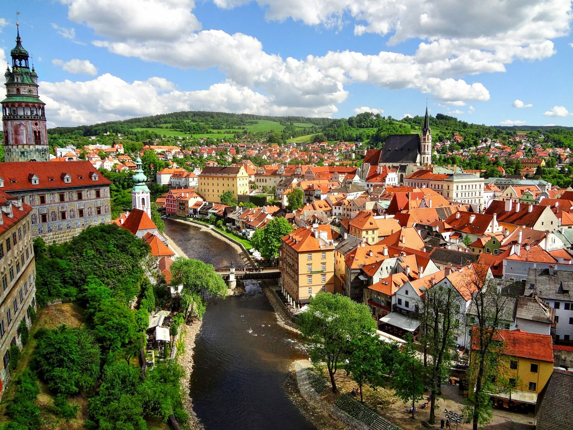 Český Krumlov old town in the Vltava river bend below the castle
