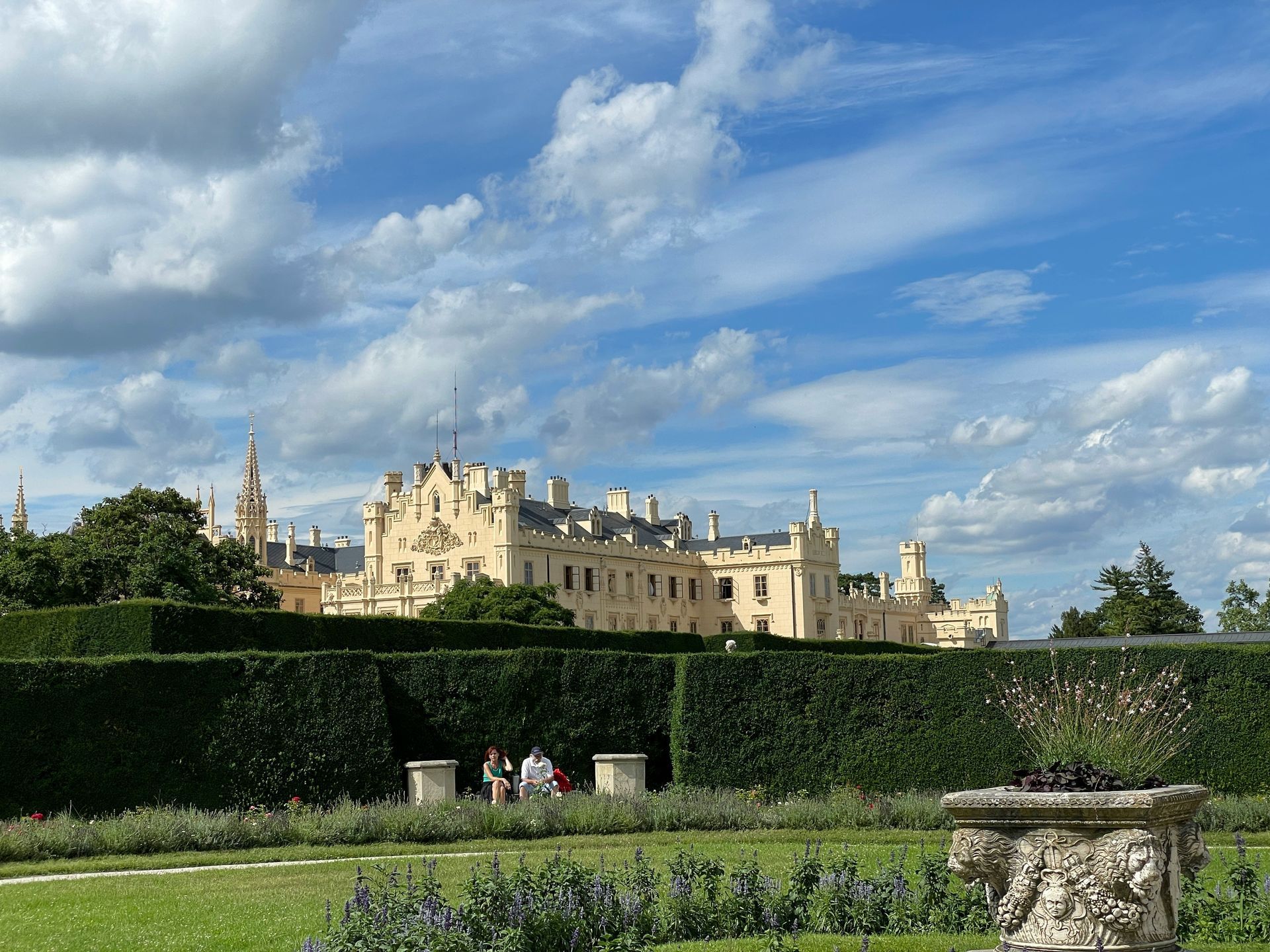 Lednice Castle neo-Gothic facade with gardens in South Moravia