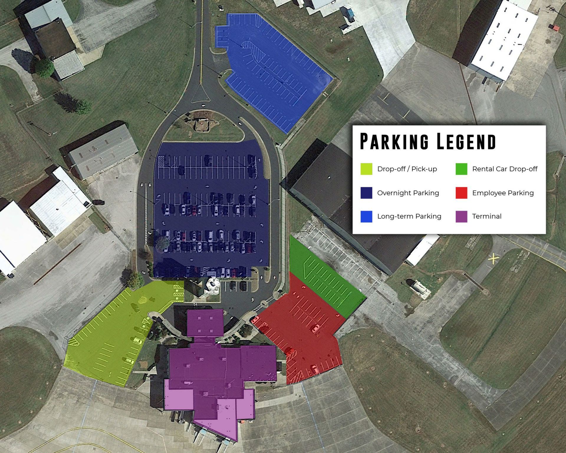An aerial view of a parking legend for a school