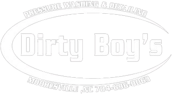 A white logo for dirty boy 's pressure washing and cleaning company.