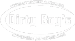 A white logo for dirty boy 's pressure washing and cleaning company.