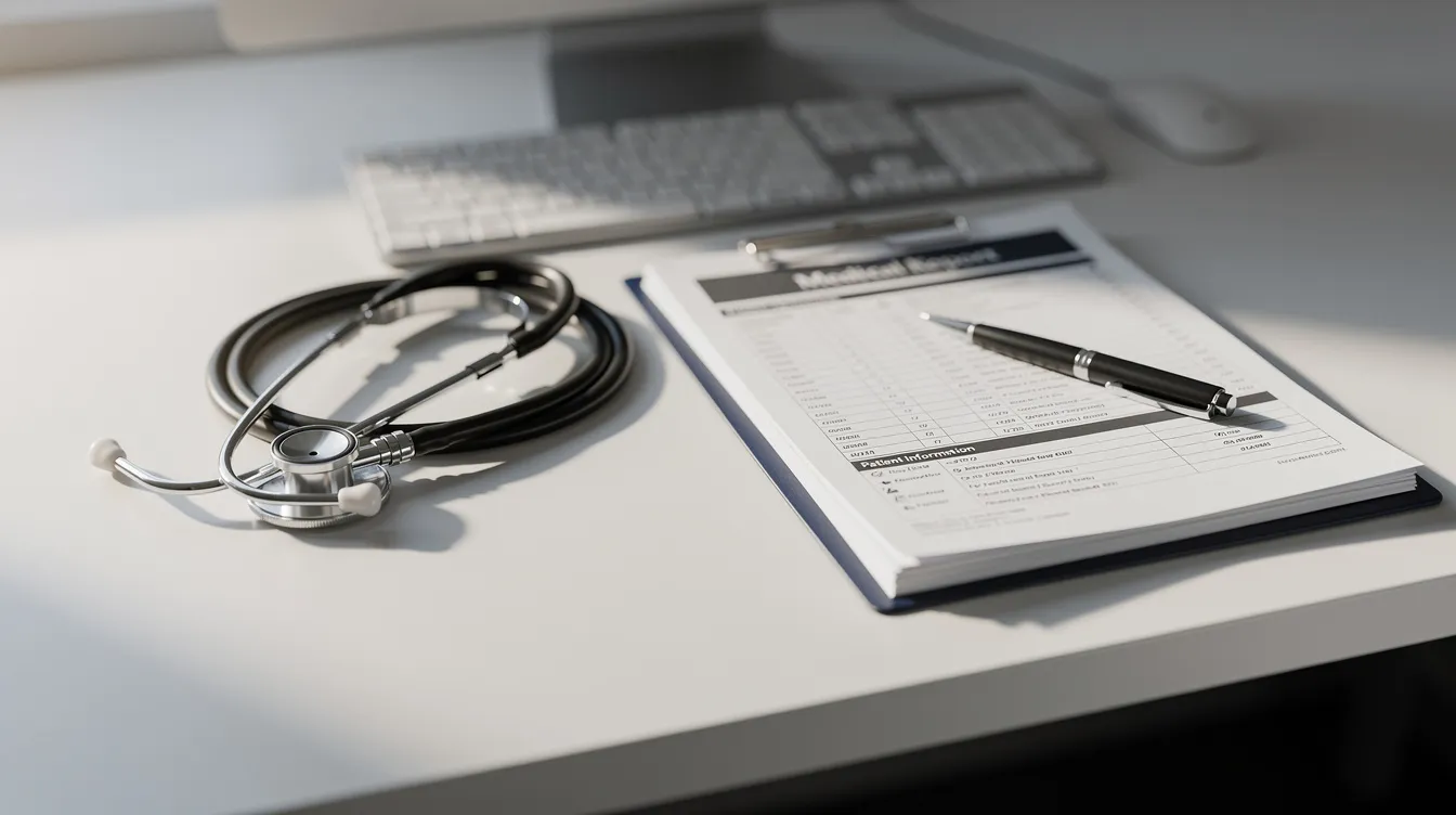 The image features a stethoscope alongside a medical folder on a desk, symbolizing the importance of